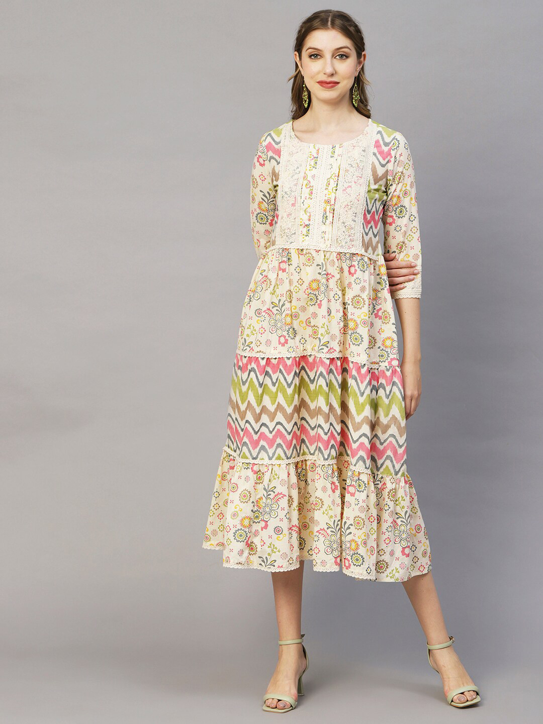 

FASHOR Off White Floral Printed Lace Inserts Tiered Cotton Fit & Flare Midi Ethnic Dress