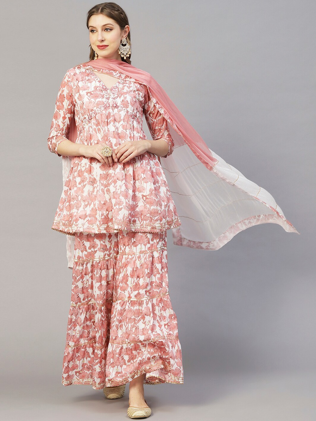 

FASHOR Peach Floral Printed Pure Cotton Kurti with Sharara & With Dupatta