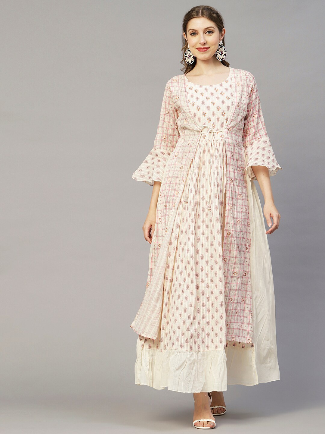 

FASHOR Off White Ethnic Motifs Bell Sleeve Crepe Maxi Dress