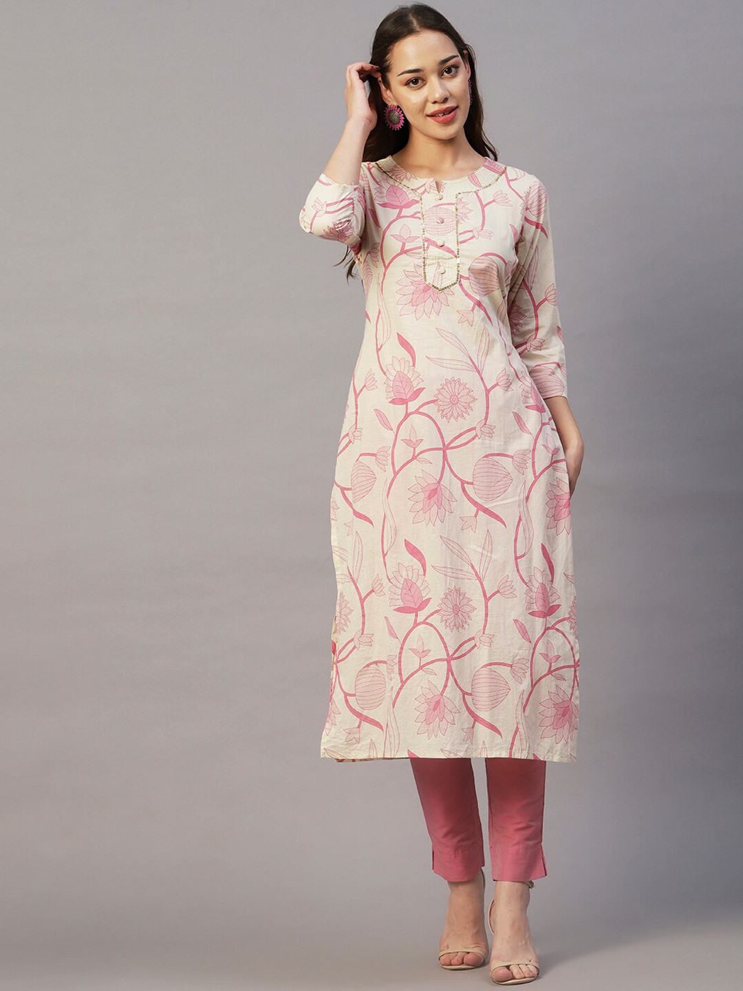 

FASHOR Floral Printed Sequinned Pure Cotton Kurta, White