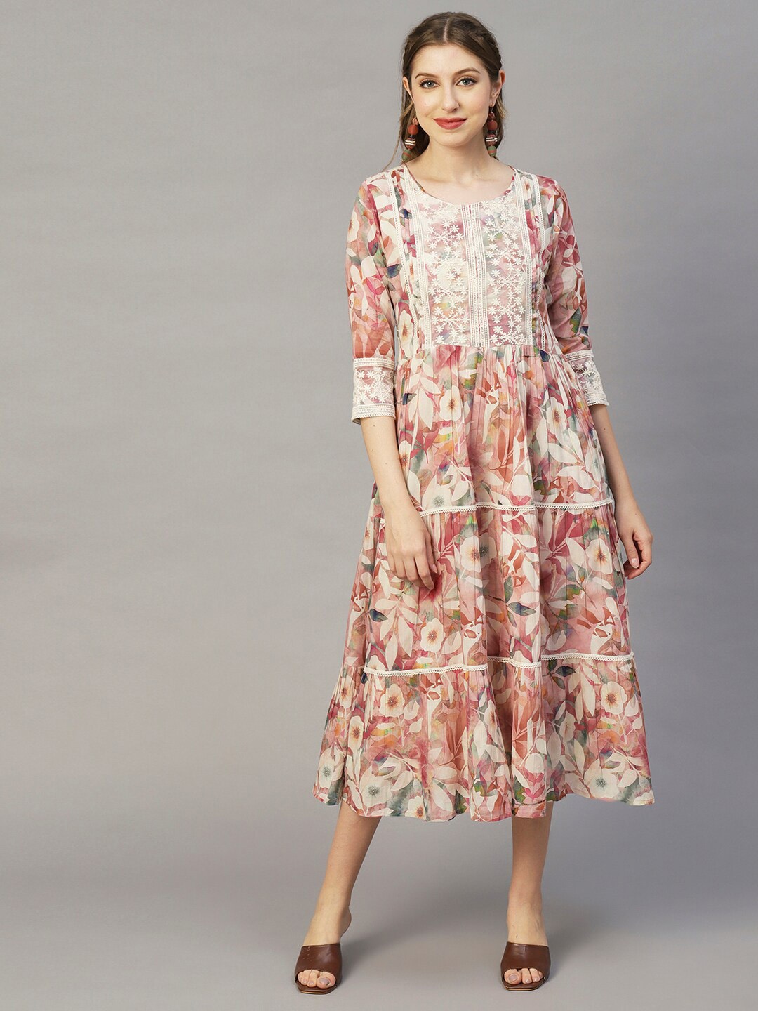 

FASHOR Floral Print Crepe A-Line Midi Dress, Pink