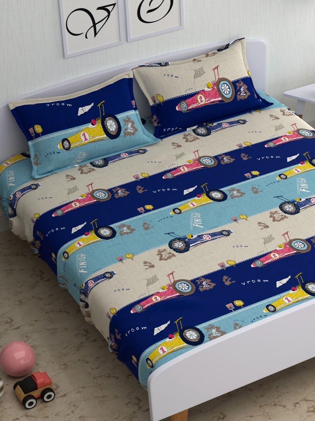 

CHHAVI INDIA Blue & Grey Conversational Printed 210 TC Queen Bedsheet & 2 Pillow Covers