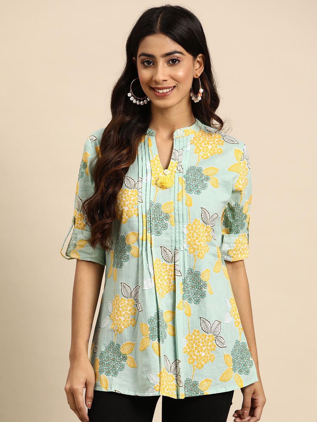 

INDYES Floral Printed Pure Cotton Pleated Pure Cotton Kurti, Sea green
