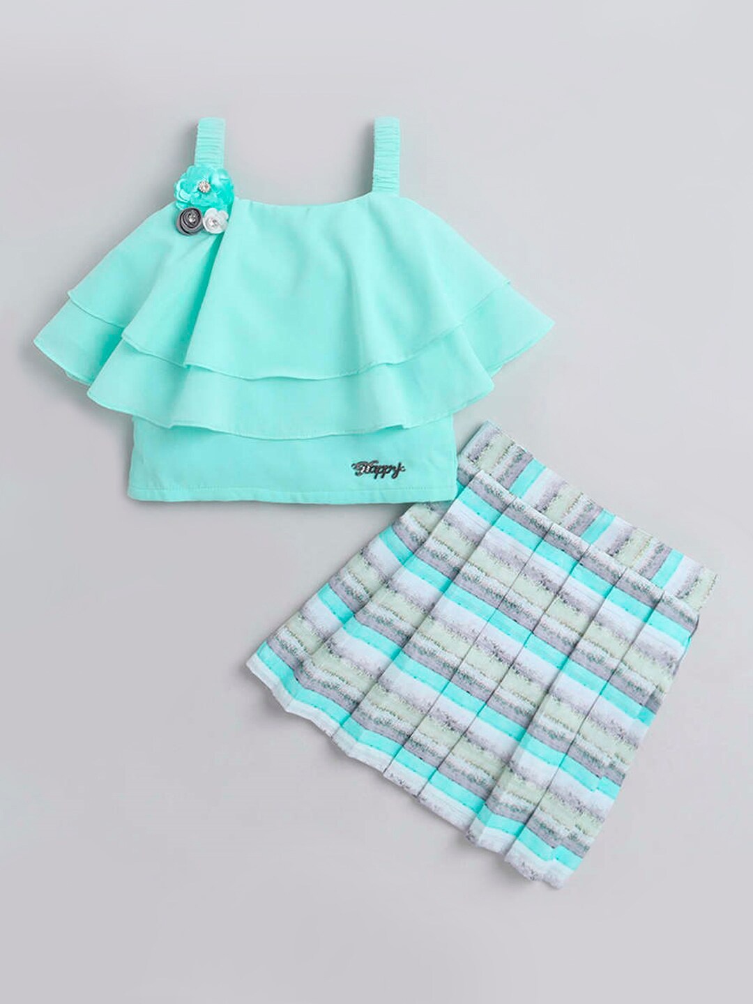 

The Magic Wand Girls Sjoulder Straps Top with Skirt, Sea green