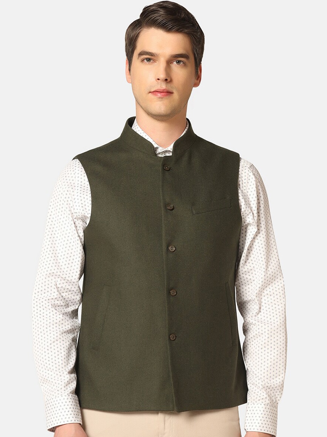 

Blackberrys Mandarin Collar Slim Fit Nehru Jacket, Olive