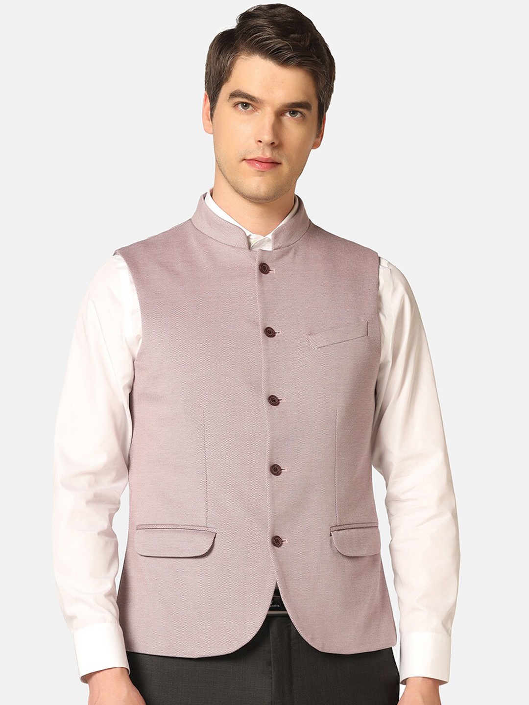 

Blackberrys Woven Design Slim-Fit Formal Nehru Jacket, Mauve