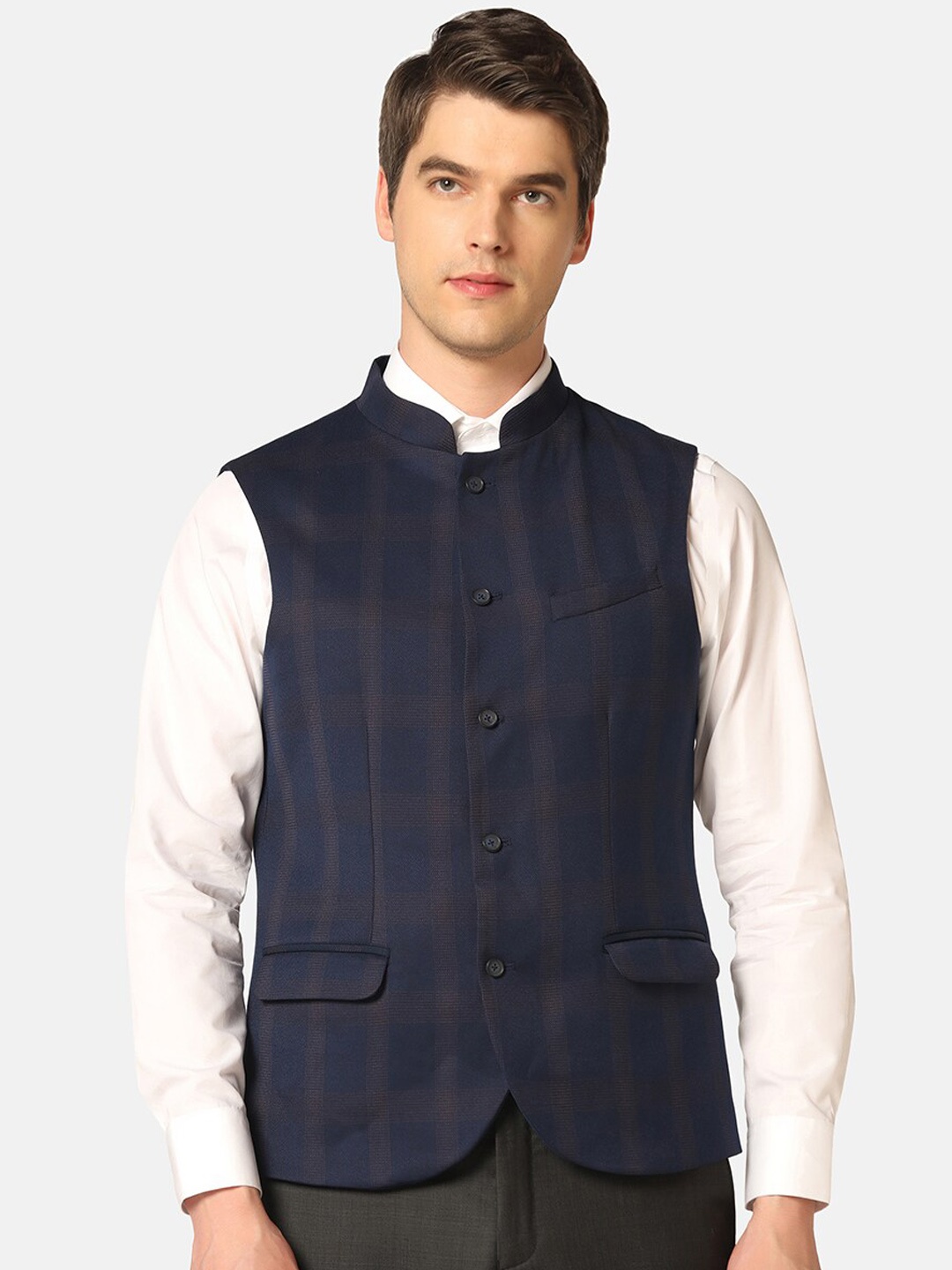 

Blackberrys Checked Slim Fit Nehru Jacket, Navy blue