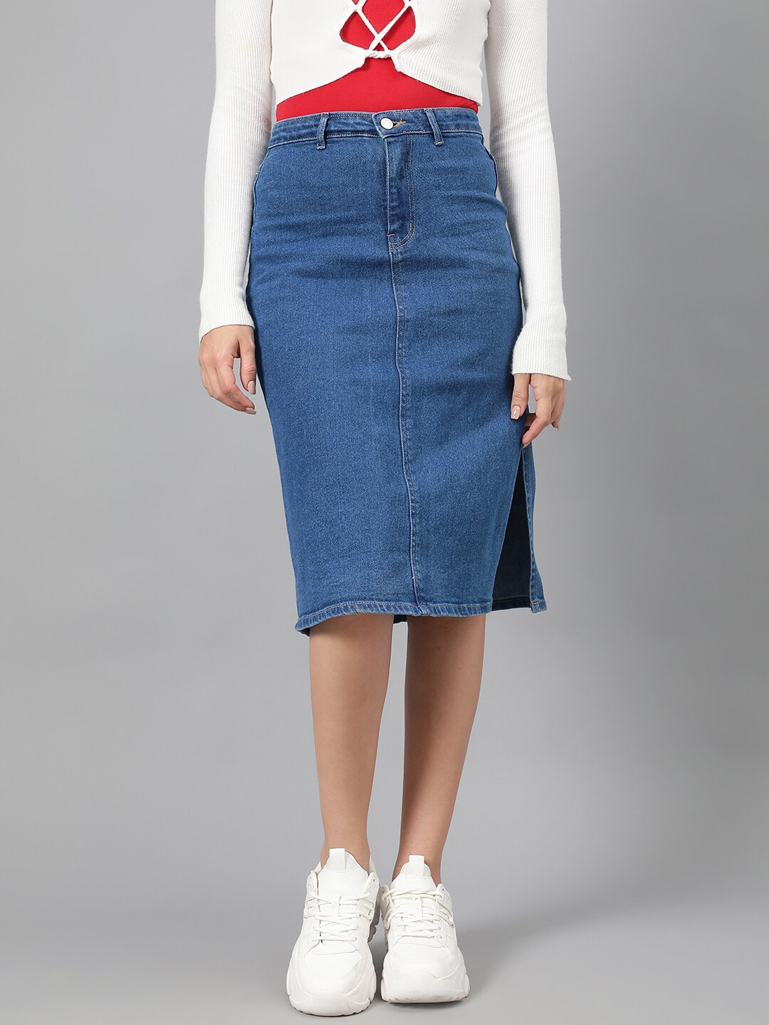 

Kotty Blue Knee-Length Denim Straight Skirt