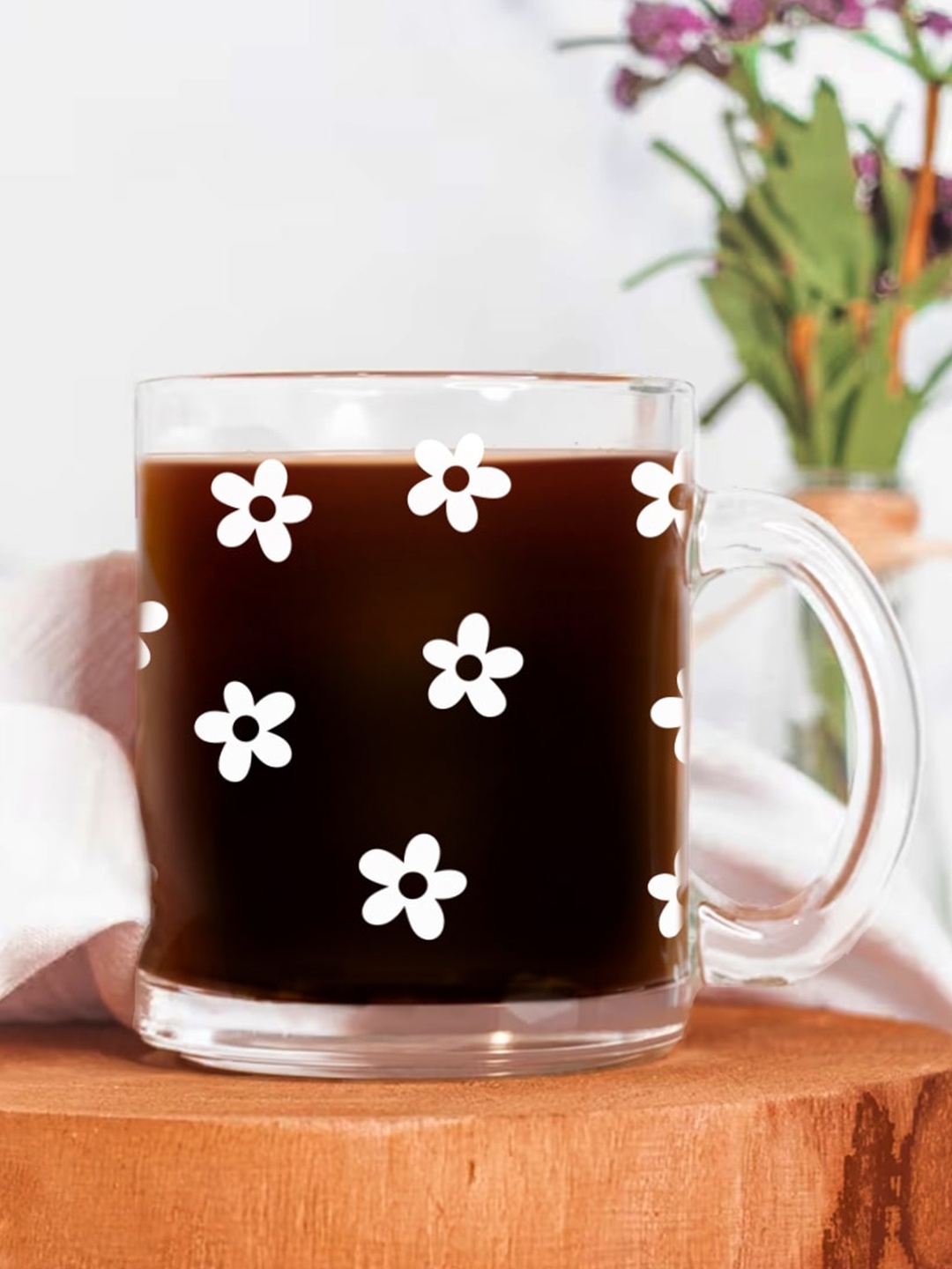 

The Art People Transparent & White Floral Printed Glass Glossy Mug - 330 ML