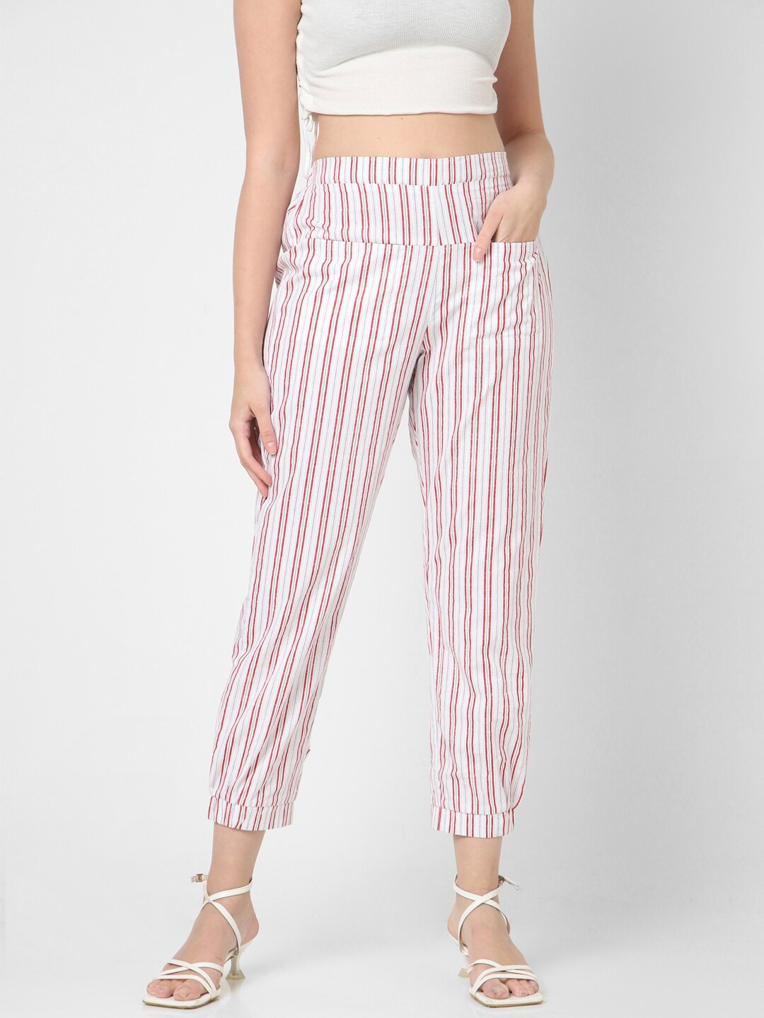 

Mystere Paris Women Striped Cotton Jogger Lounge Pants, White