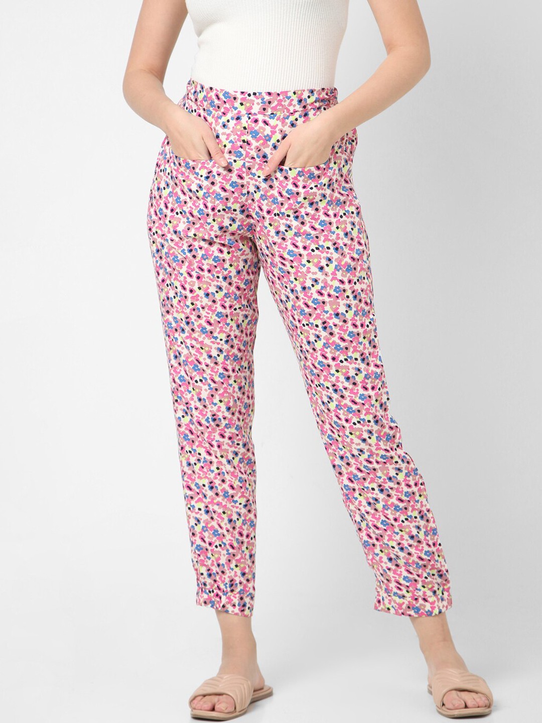 

Mystere Paris Women Floral Printed Cotton Jogger Lounge Pants, Pink