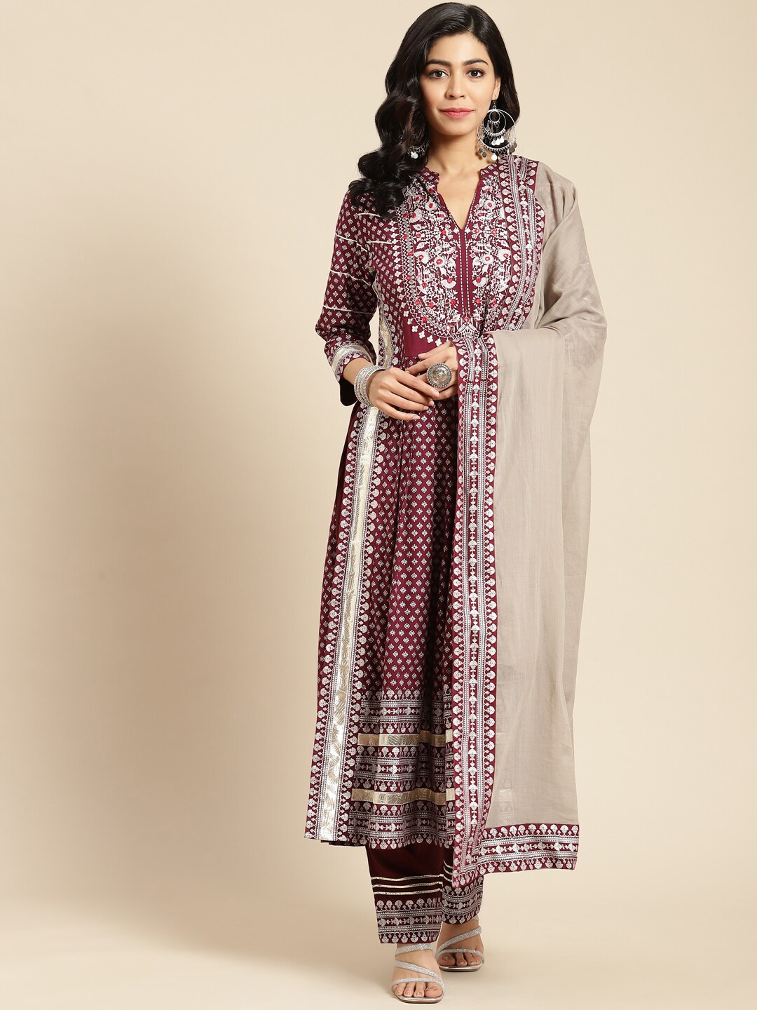 

Prakhya Ethnic Motifs Printed A-Line Kurta with Trousers & Dupatta, Maroon