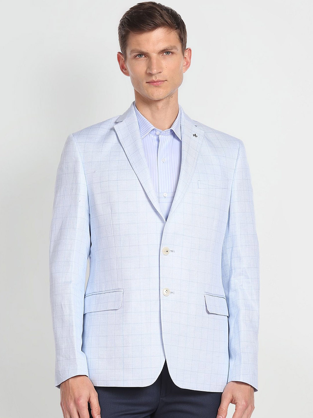 

Arrow Notched Lapel Collar Checked Single-Breasted Linen Cotton Formal Blazer, Blue