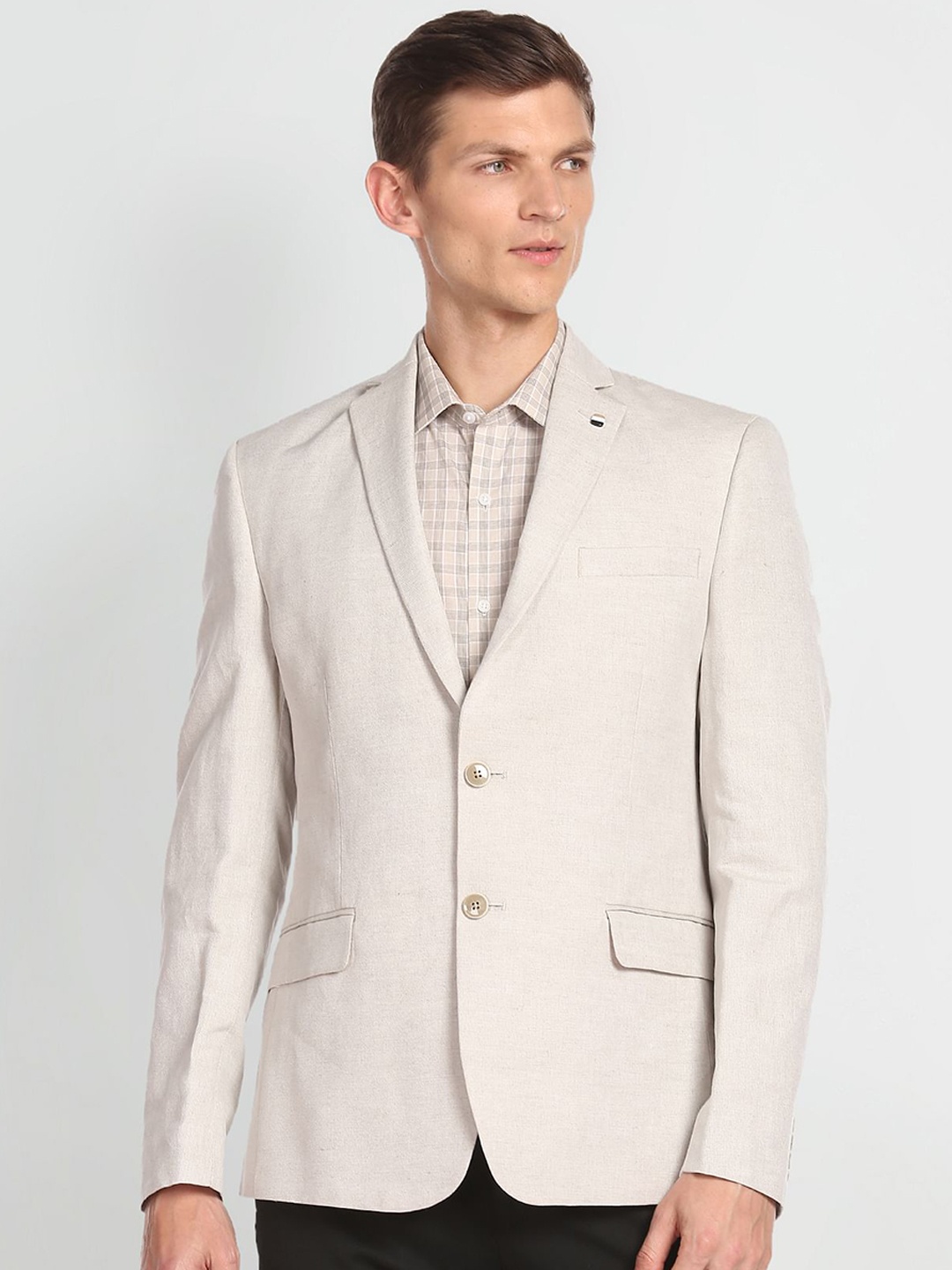 

Arrow Notched Lapel Collar Single-Breasted Linen Cotton Formal Blazer, Beige