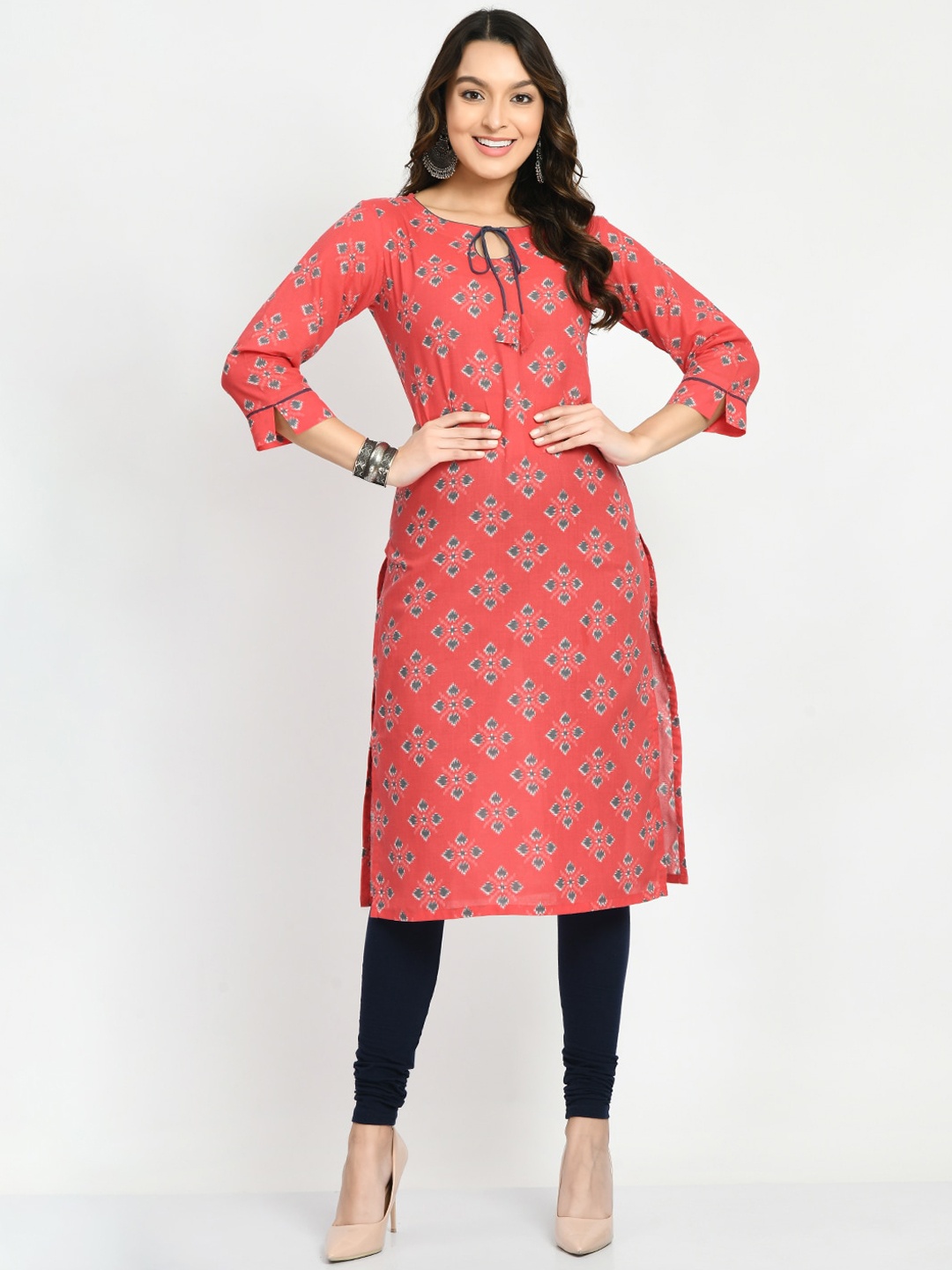 

Akshatani Tie-Up Neck Ethnic Motifs Printed Pure Cotton Kurta, Coral