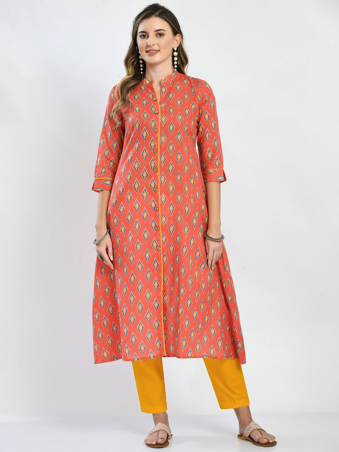 

Akshatani Ethnic Motifs Printed A-Line Pure Cotton Kurta, Orange