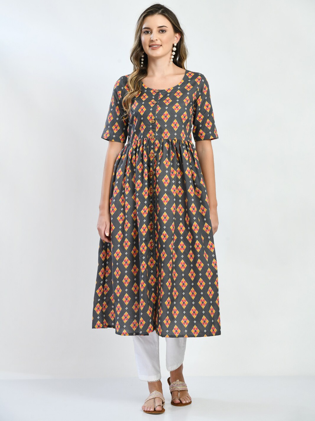

Akshatani Ethnic Motifs Printed A-Line Pure Cotton Kurta, Grey