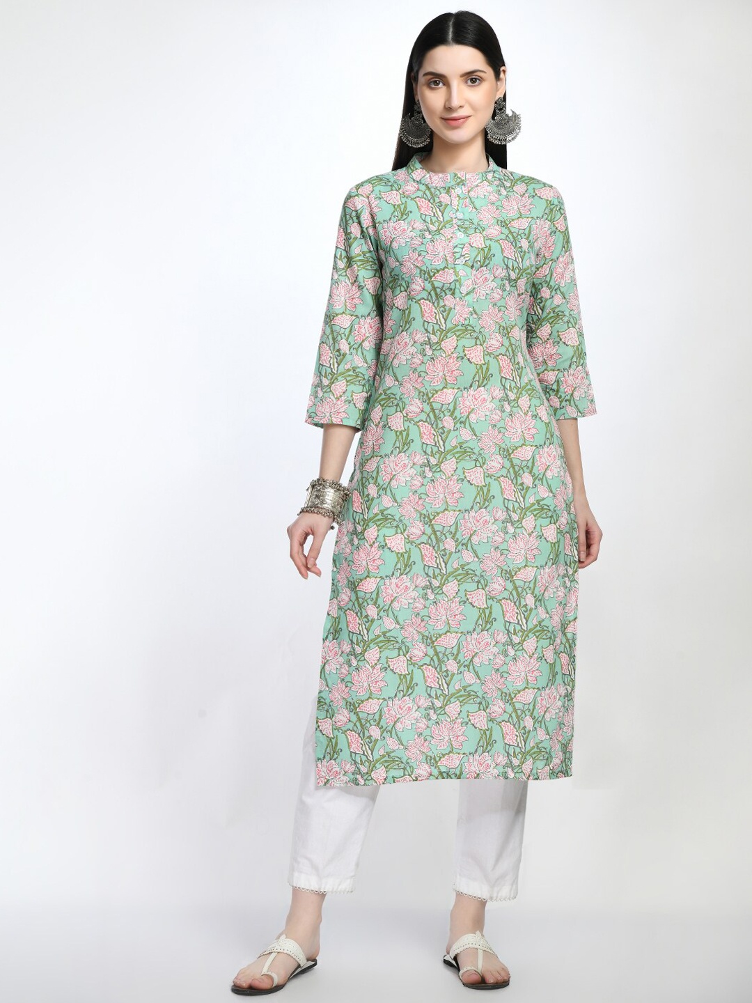 

Akshatani Mandarin Collar Printed Pure Cotton Kurta, Green