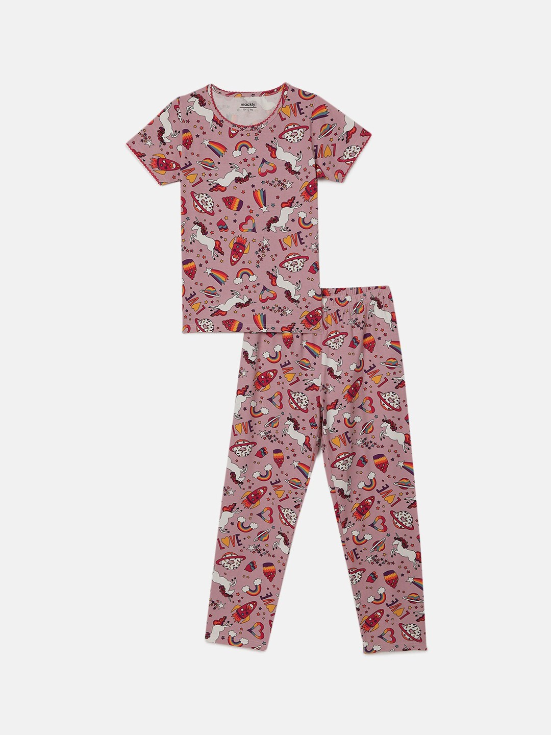 

mackly Girls Conversational Printed Night Suit, Pink
