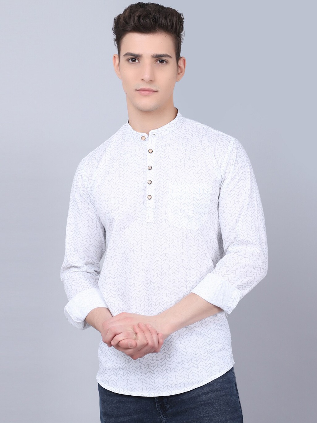 

Majestic Man Geometric Printed Band Collar Pure Cotton Short Kurta, White