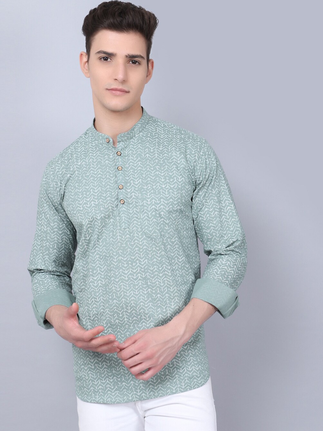 

Majestic Man Geometric Printed Band Collar Pure Cotton Short Kurta, Green