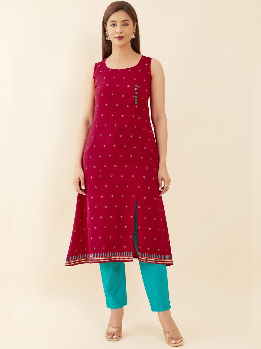 

Maybell Floral Printed Sleeveless A-Line Pure Cotton Kurta, Red