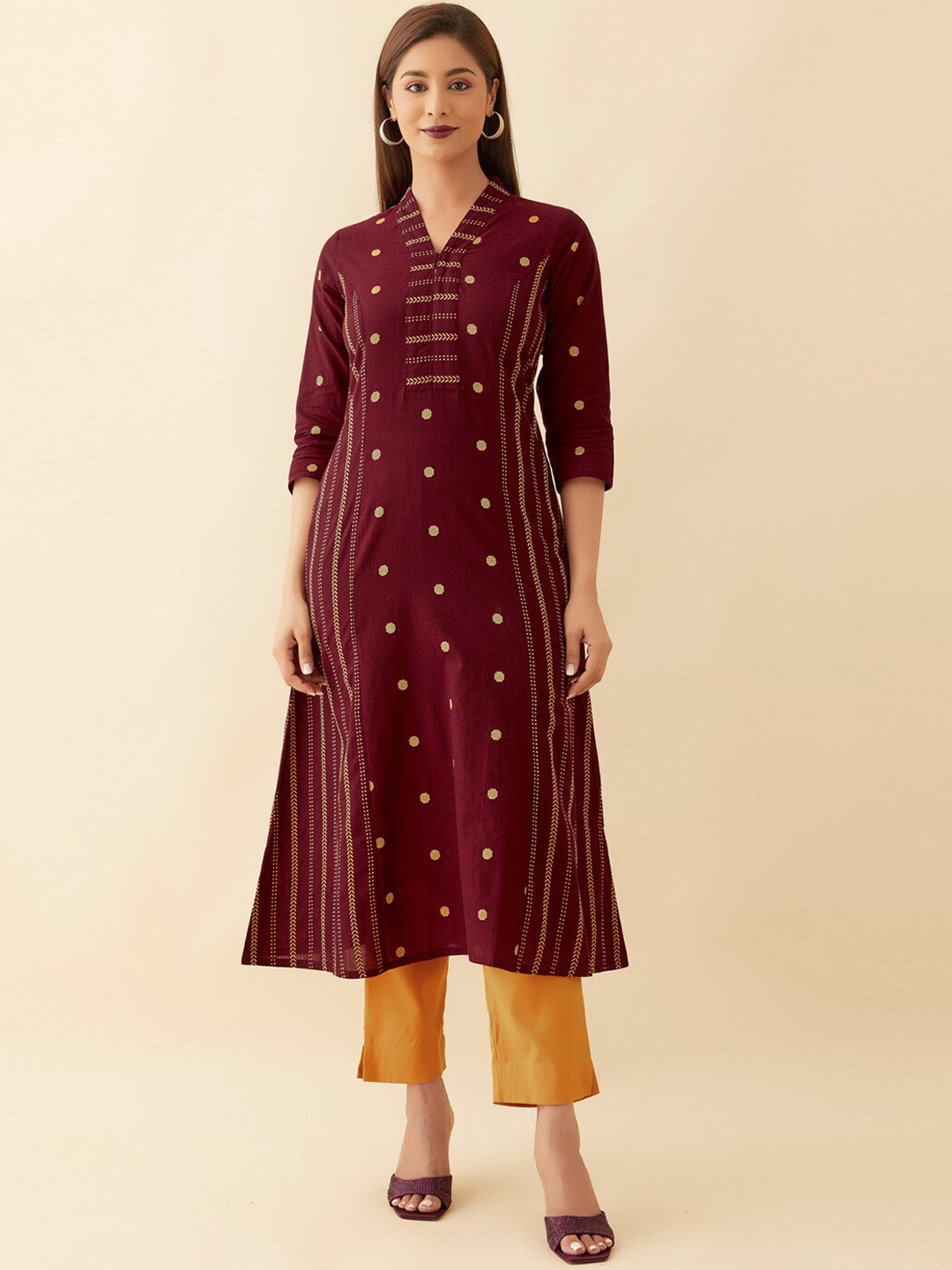 

Maybell Ethnic Motif Woven Design V Neck A-Line Pure Cotton Kurta, Maroon