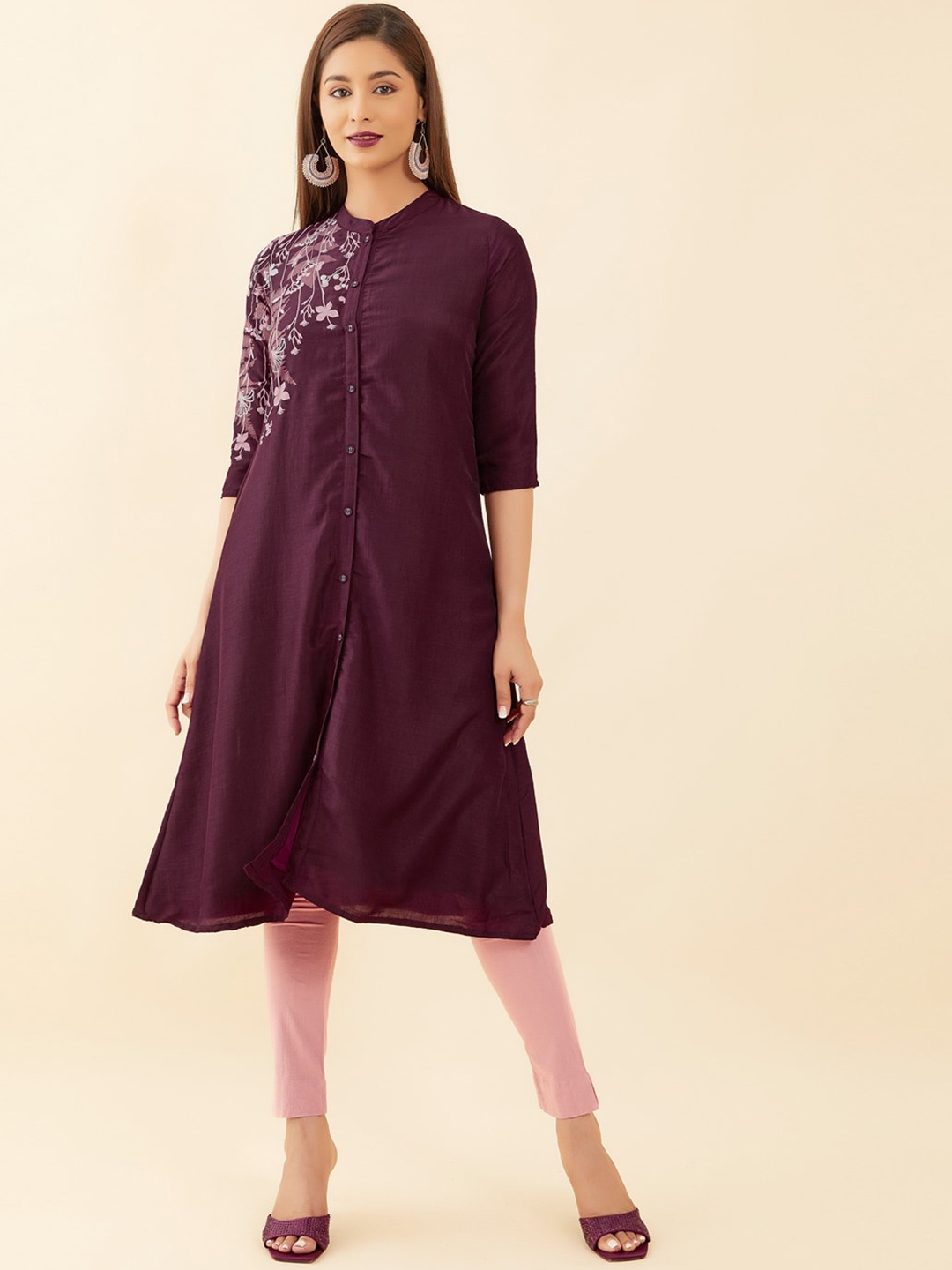 

Maybell Ethnic Motif Printed Mandarin Collar A-Line Pure Cotton Kurta, Purple