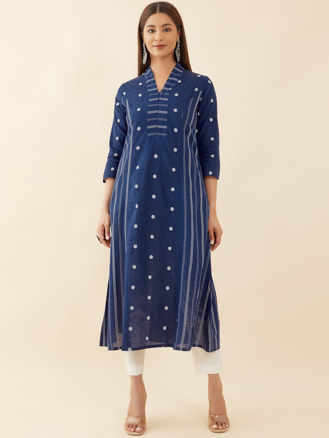 

Maybell Ethnic Motif Woven Design V Neck A-Line Pure Cotton Kurta, Blue