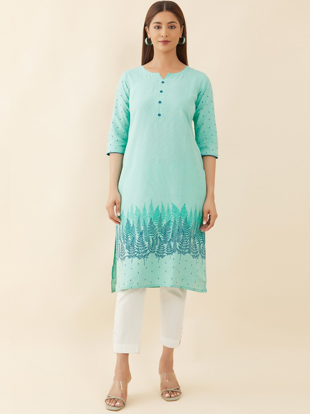 

Maybell Ethnic Motif Printed Notched Neck Pure Cotton Kurta, Sea green