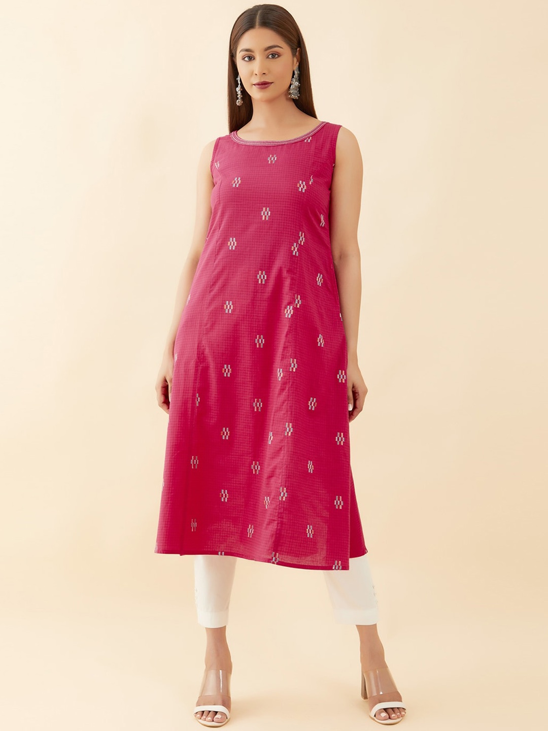 

Maybell Geometric Woven Design Thread Work A-Line Pure Cotton Kurta, Pink