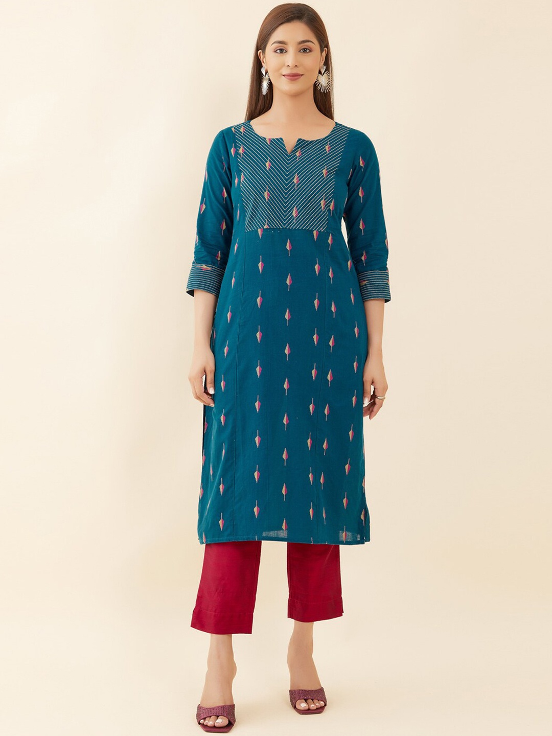

Maybell Notched Neck Ethnic Motifs Woven Design Straight Pure Cotton Kurta, Blue