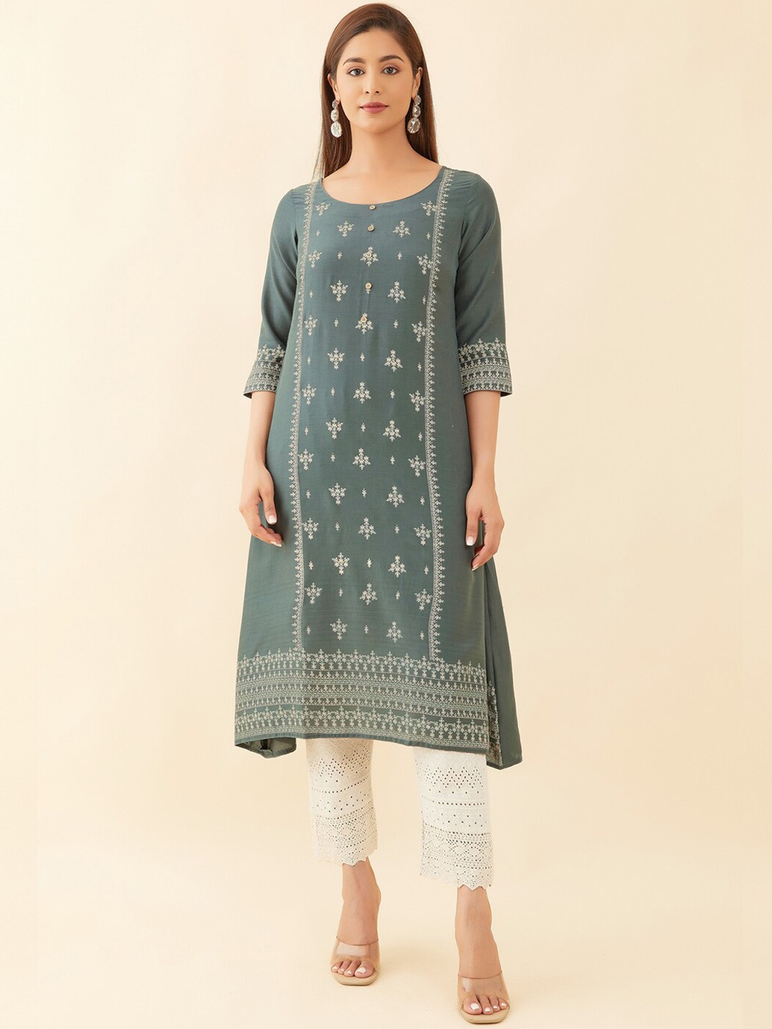 

Maybell Ethnic Motif Printed A-Line Kurta, Green