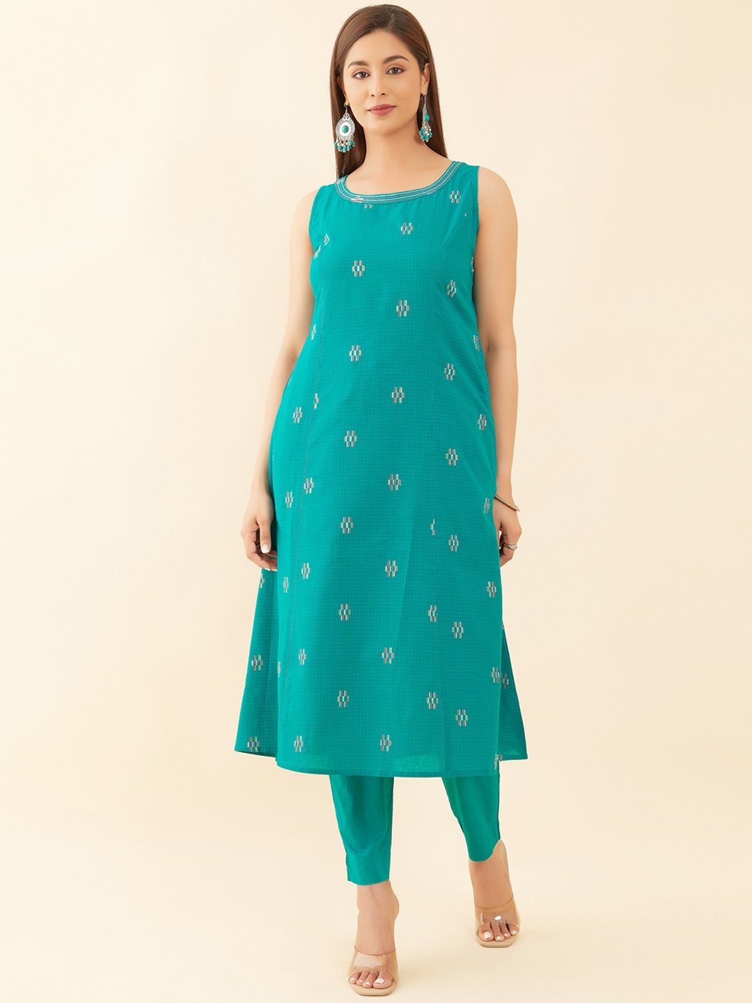 

Maybell Geometric Printed Sleeveless Pure Cotton Kurta, Green