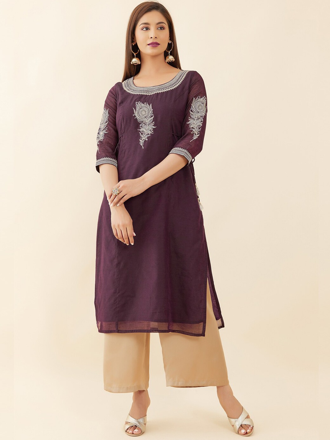 

Maybell Ethnic Motifs Embroidered Chanderi Silk Kurta, Purple