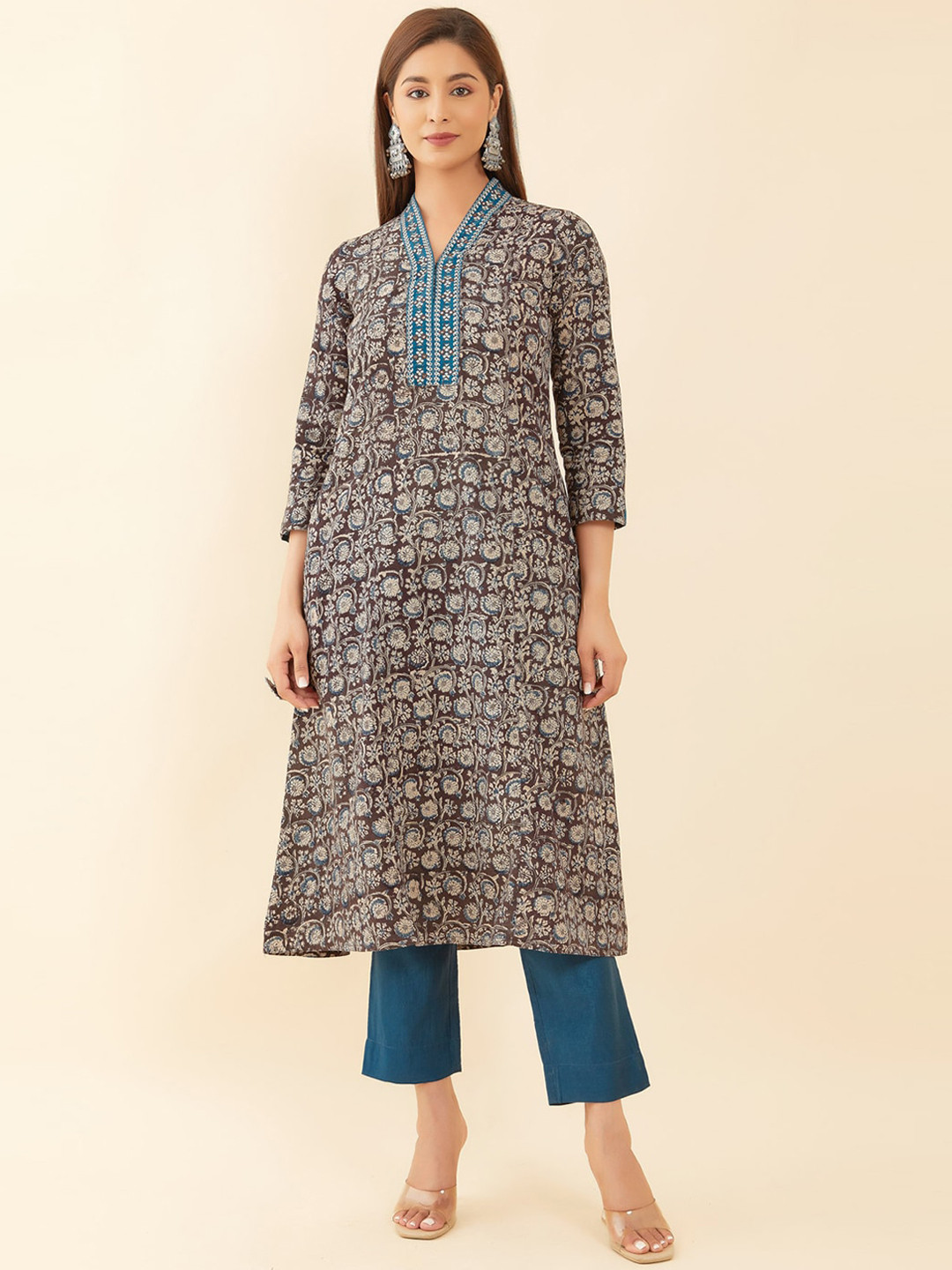

Maybell Floral Printed Thread & Mirror Work A-Line Pure Cotton Kurta, Brown
