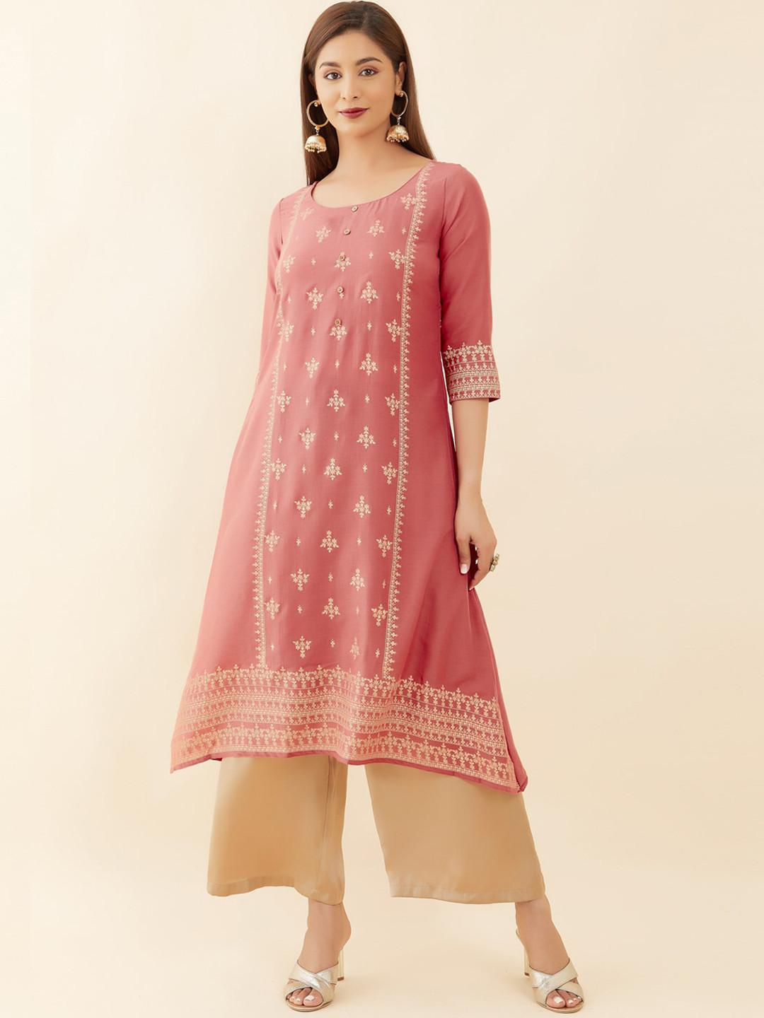 

Maybell Ethnic Motif Printed A-Line Kurta, Peach