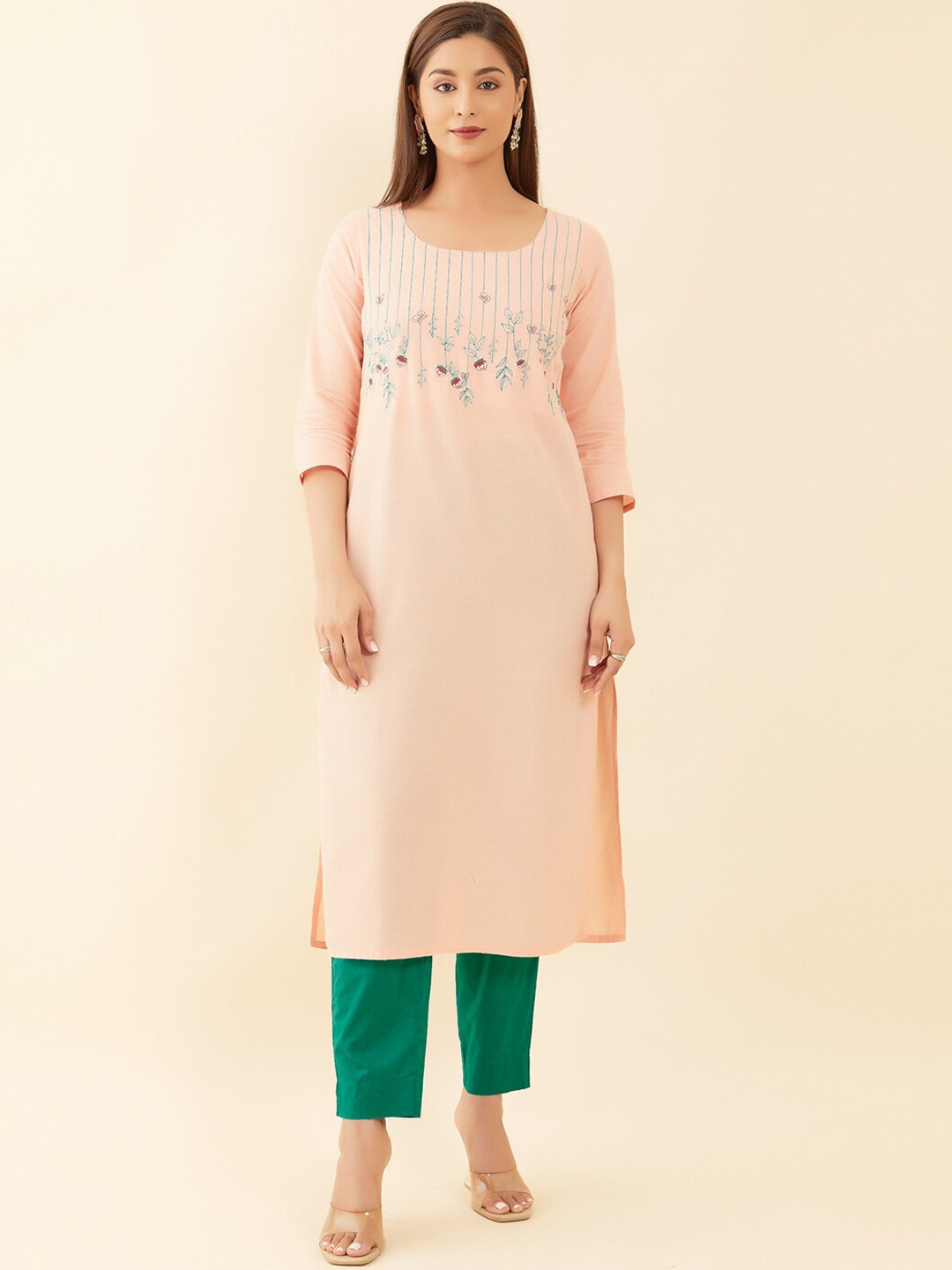 

Maybell Floral Yoke Design Pure Cotton Kurta, Peach