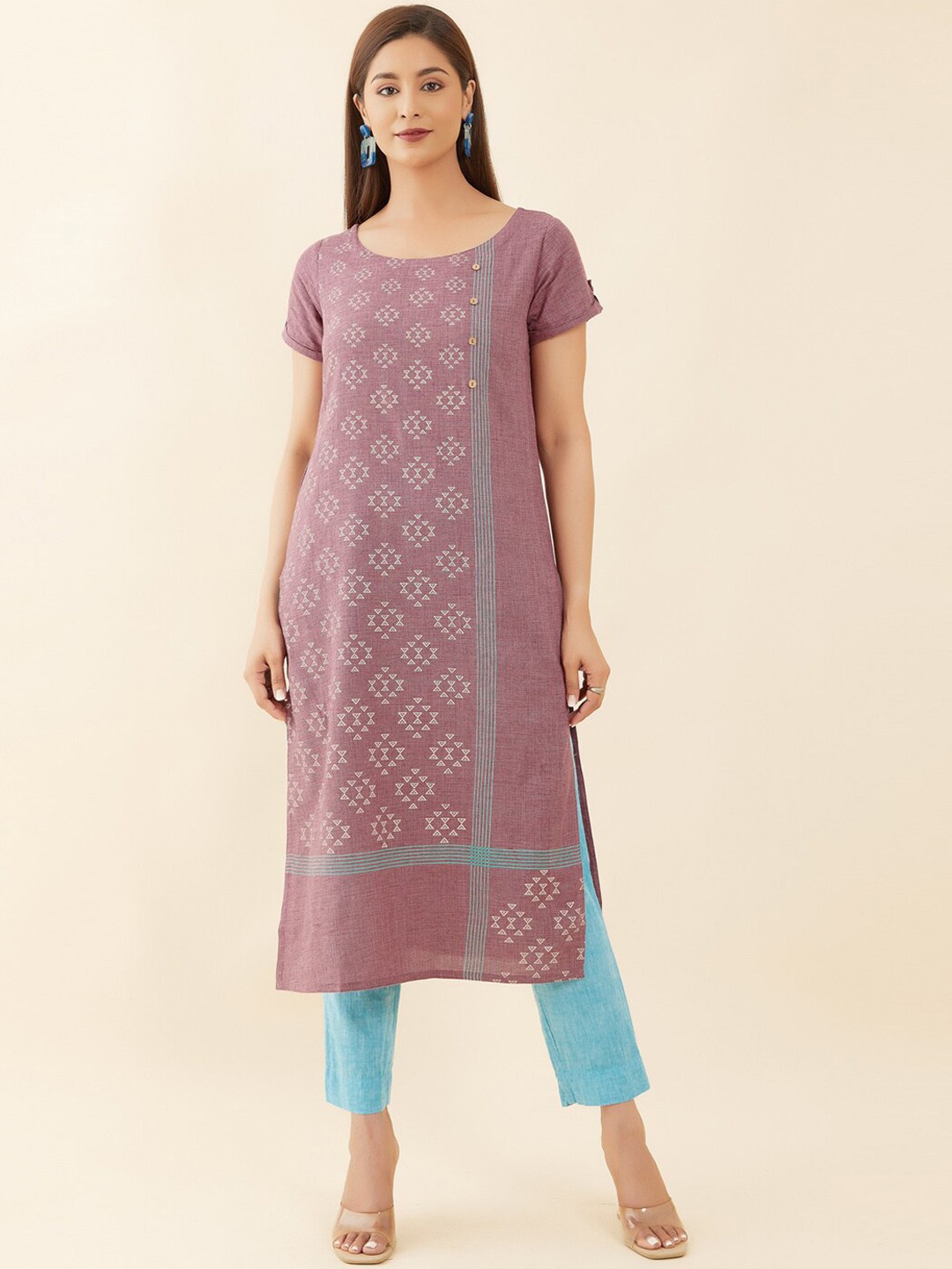 

Maybell Geometric Printed Pure Cotton Kurta, Purple