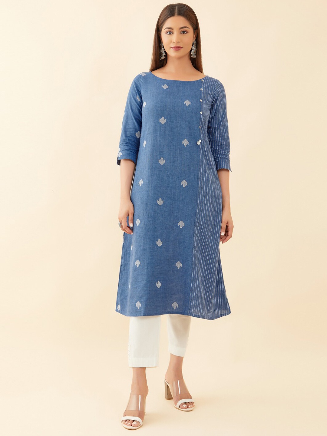 

Maybell Ethnic Motifs Woven Design Pure Cotton Kurta, Navy blue