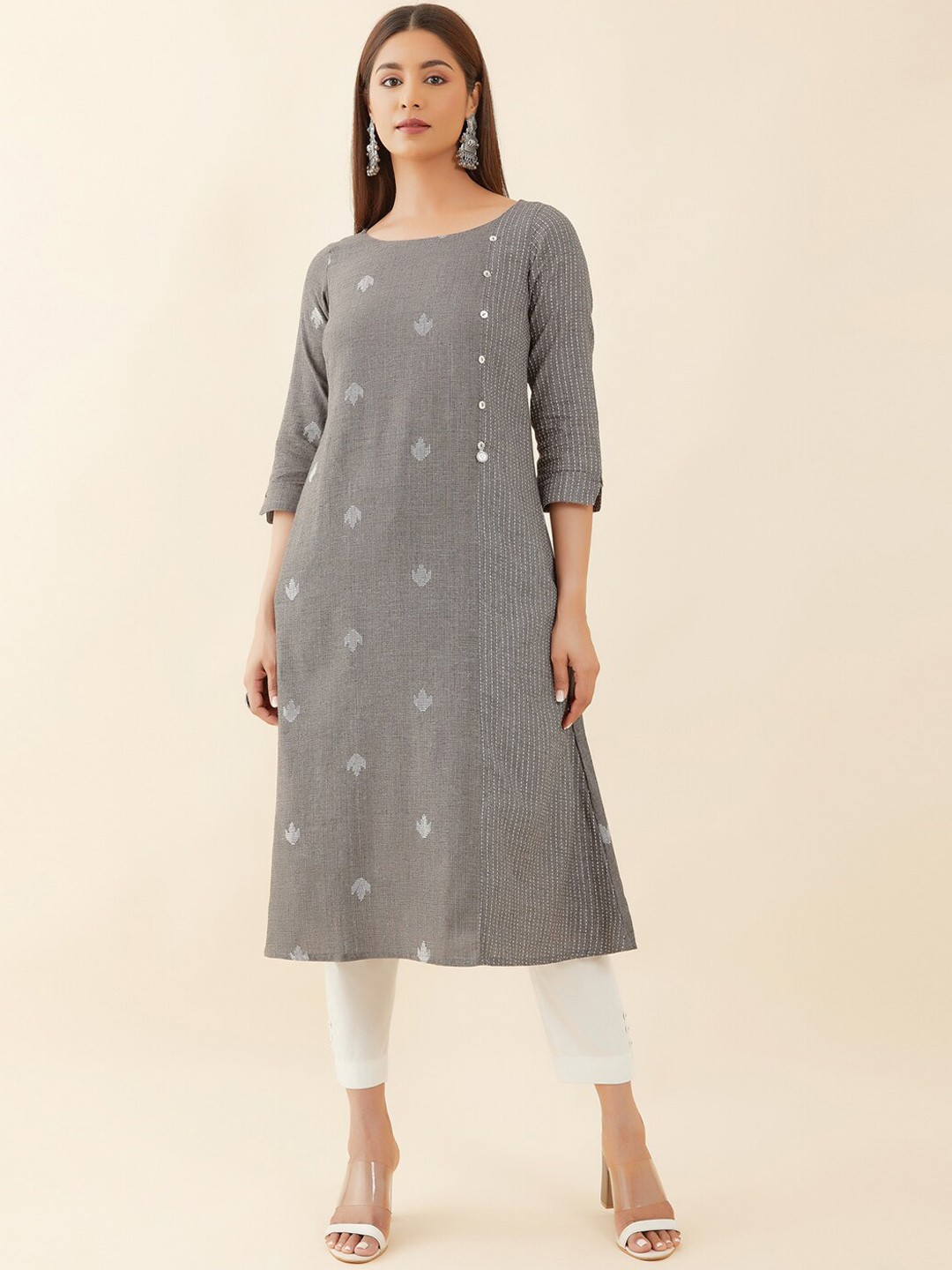 

Maybell Ethnic Motifs Woven Design Pure Cotton Kurta, Grey