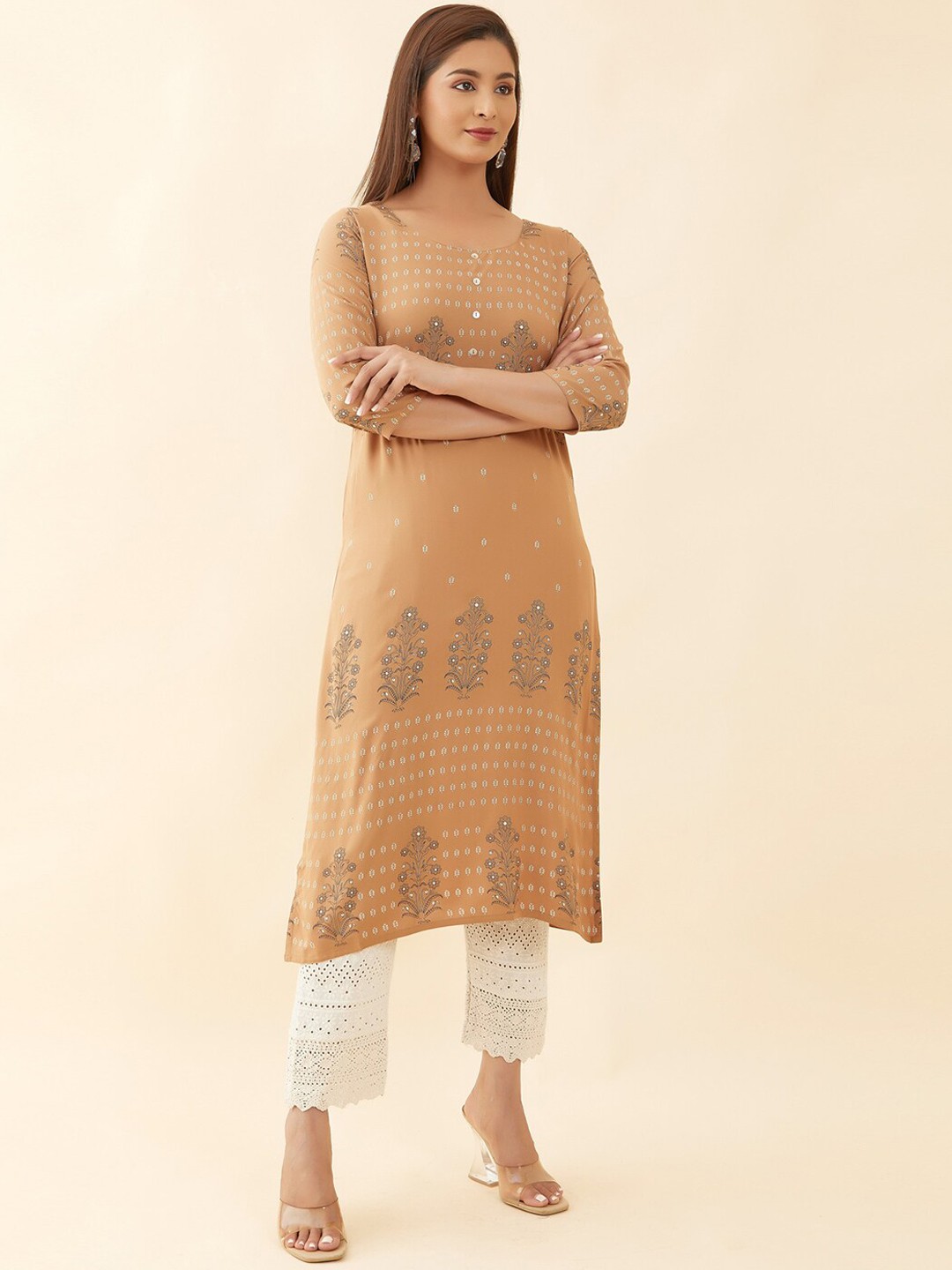 

Maybell Floral Printed Straight Kurta, Beige