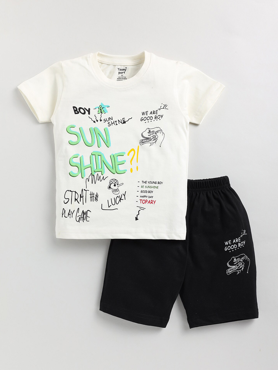

Toonyport Boys Typographic Printed Cotton T-shirt with Shorts, White