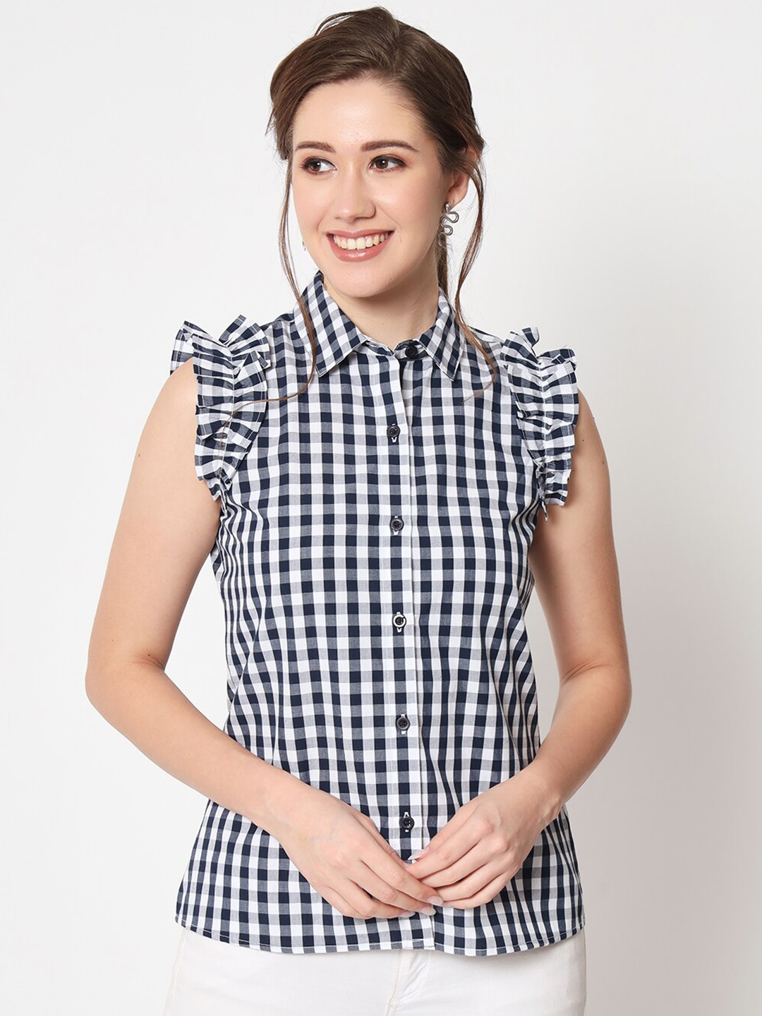 

CHARMGAL Checked Flutter Sleeve Shirt Style Top, Navy blue