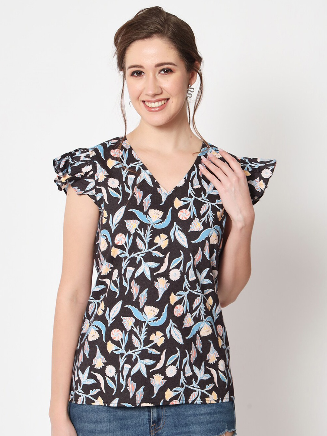 

CHARMGAL Floral Printed V-Neck Flutter Sleeves Crepe Top, Black