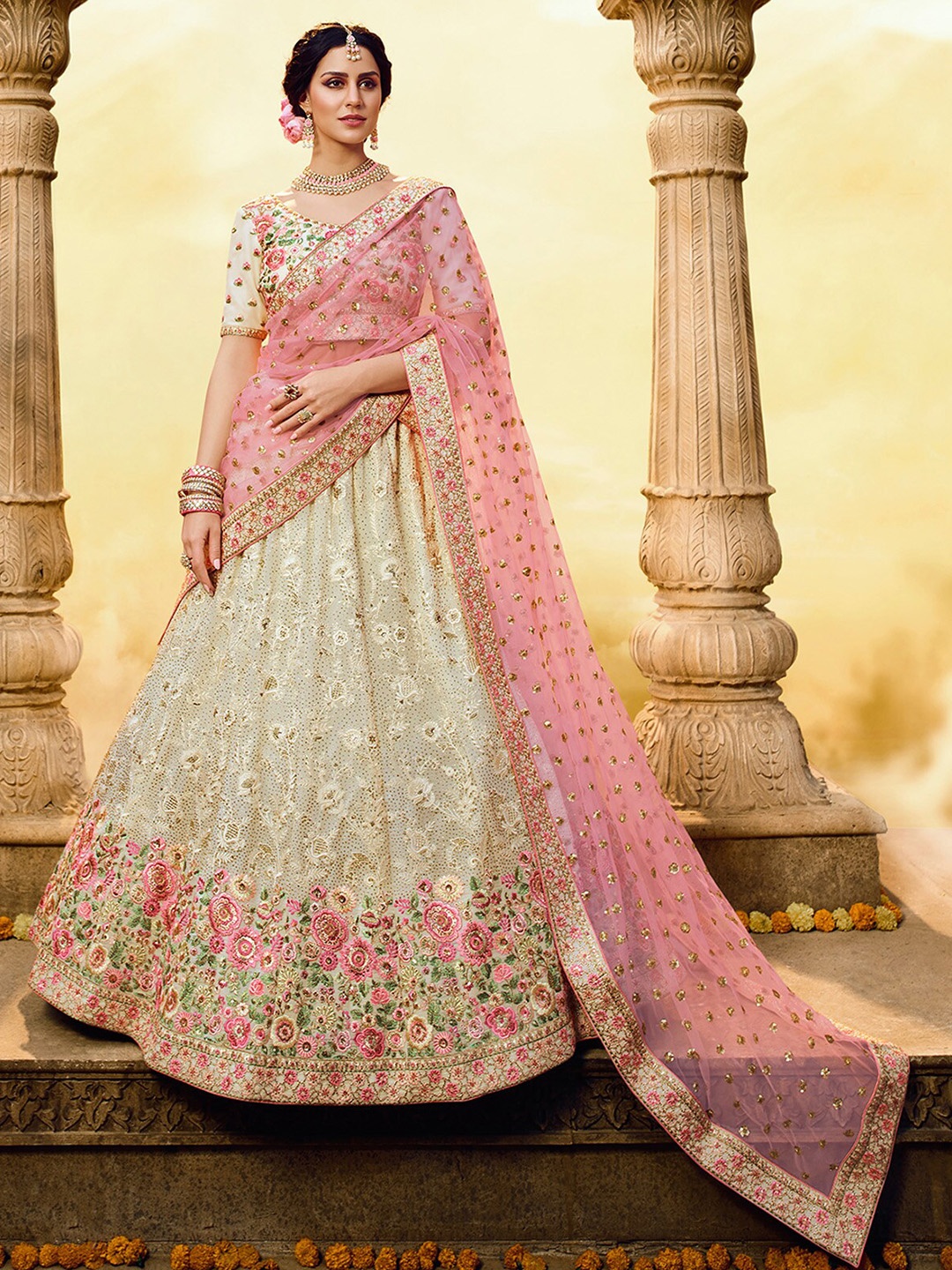 

ODETTE Embellished Sequinned Semi-Stitched Lehenga & Unstitched Blouse With Dupatta, White
