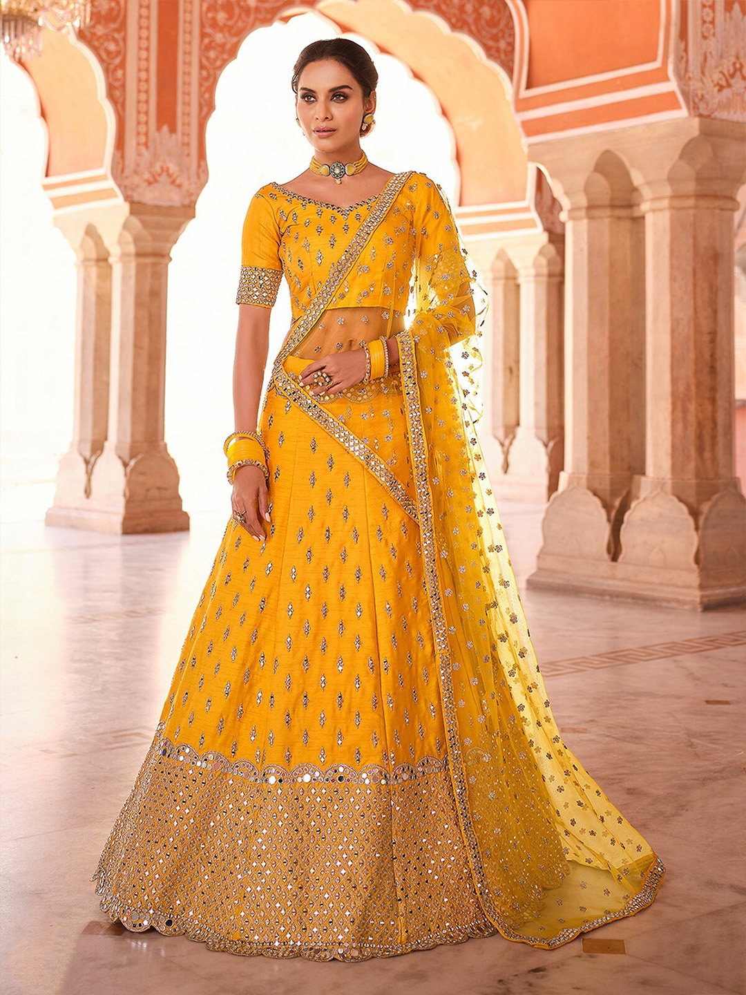 

ODETTE Embellished Mirror Work Semi-Stitched Lehenga & Unstitched Blouse With Dupatta, Yellow