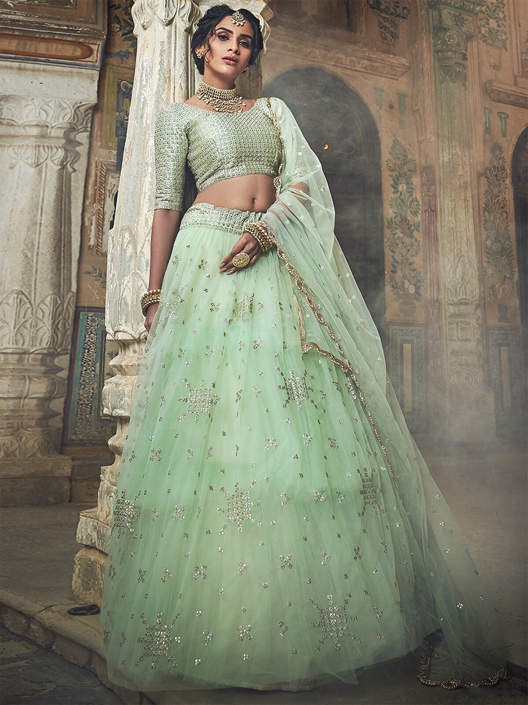 

ODETTE Embellished Sequinned Semi-Stitched Lehenga & Unstitched Blouse With Dupatta, Green