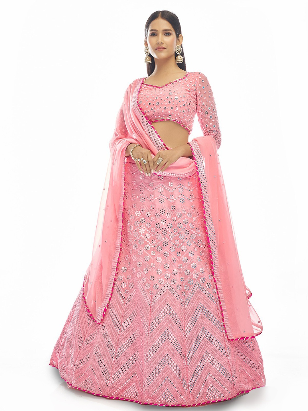 

ODETTE Embroidered Mirror Work Semi-Stitched Lehenga & Unstitched Blouse With Dupatta, Pink