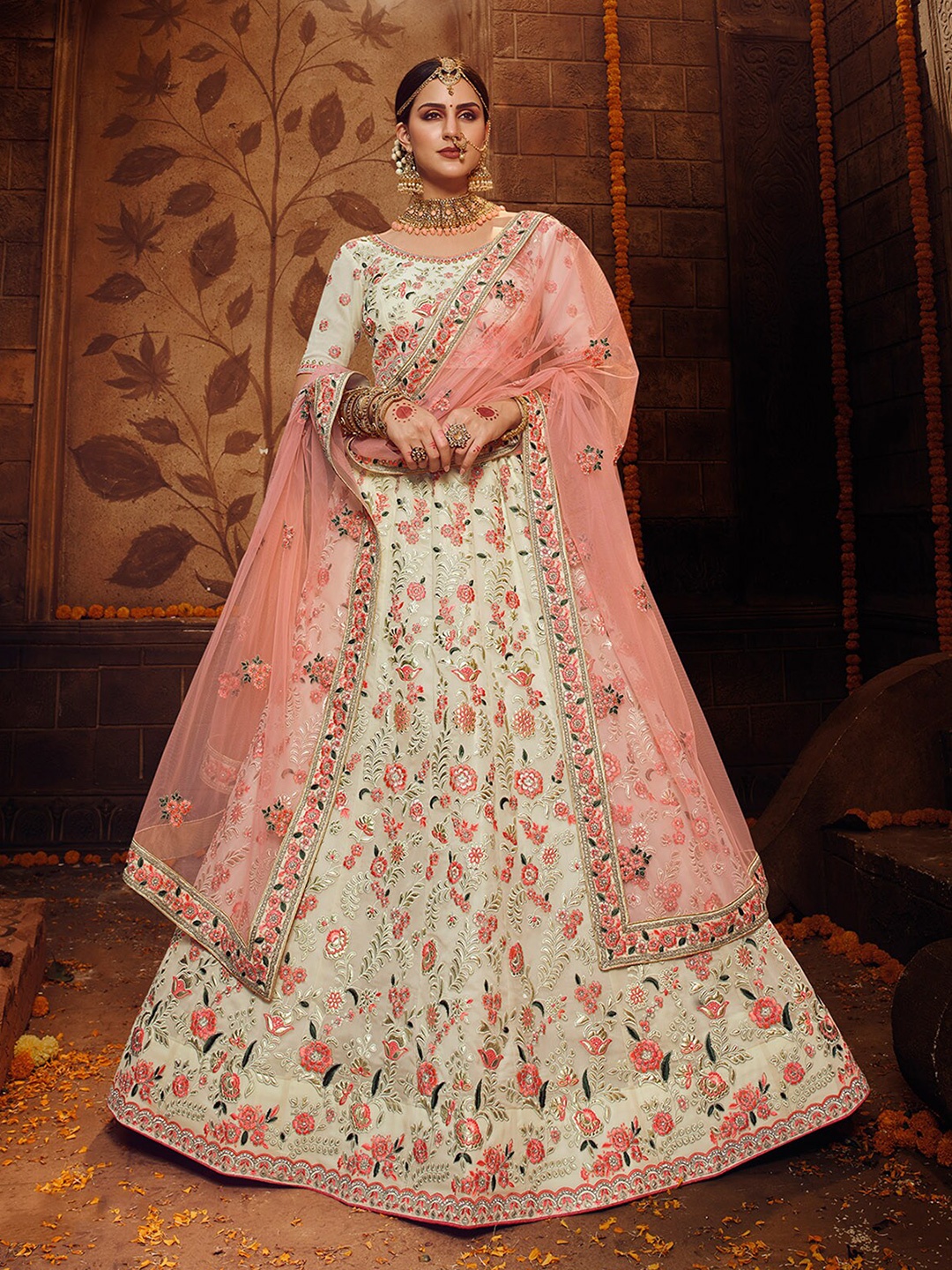 

ODETTE Embroidered Semi-Stitched Lehenga & Unstitched Blouse With Dupatta, Off white